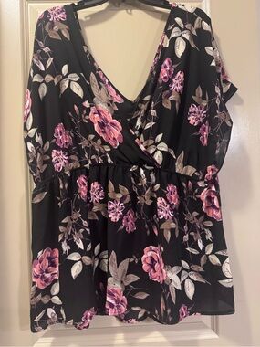 torrid Black Floral Top with Pink and Purple Blooms